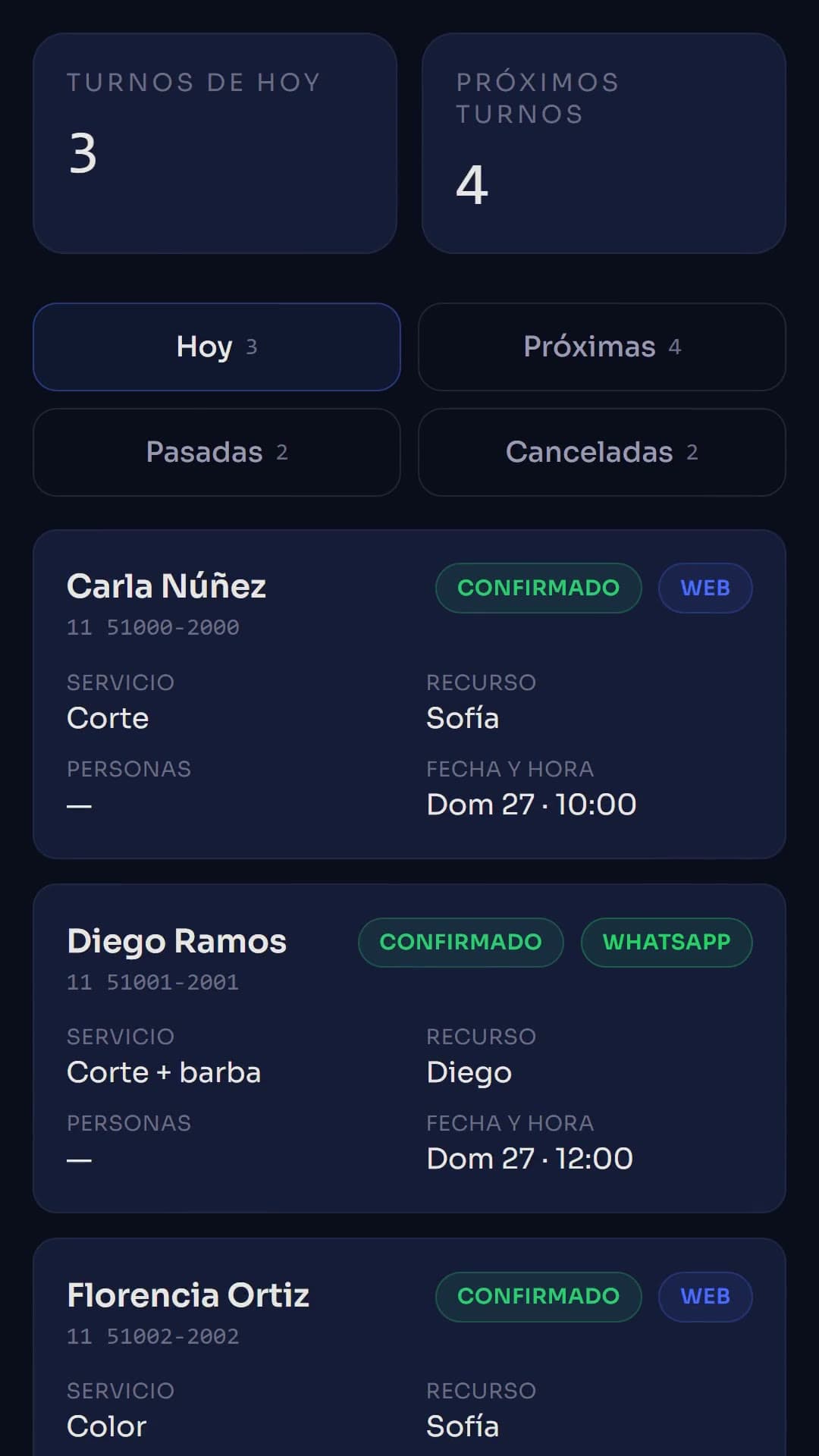 Panel de Turnos en el celular con los turnos del día de un comercio